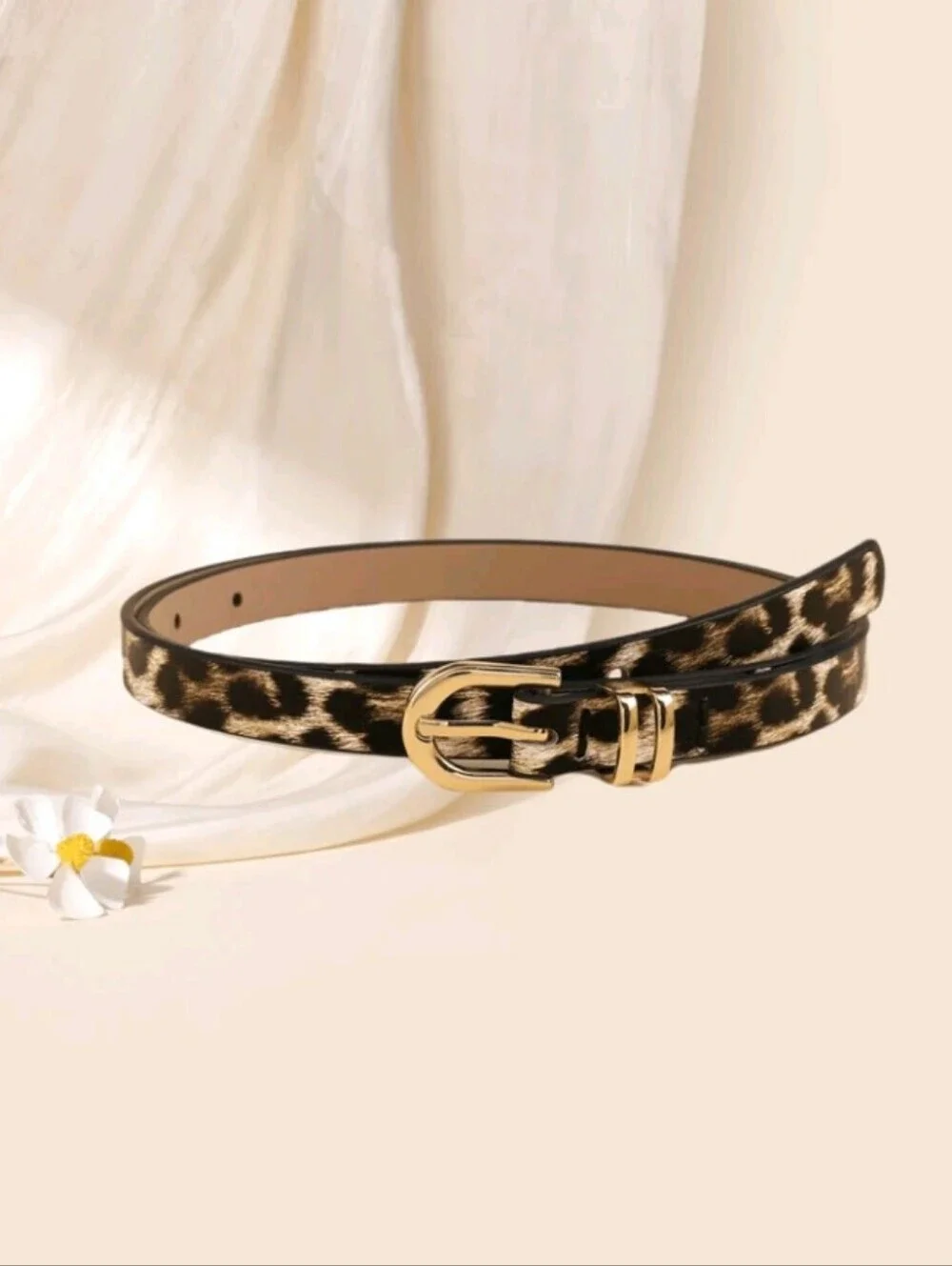 Leopard Print Vegan Leather Skinny Belt with Golden Buckle